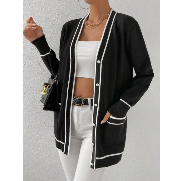 Black Cardigan Button Front White Contrast Trim Long Sleeve, with Pockets - Picture 5 of 7